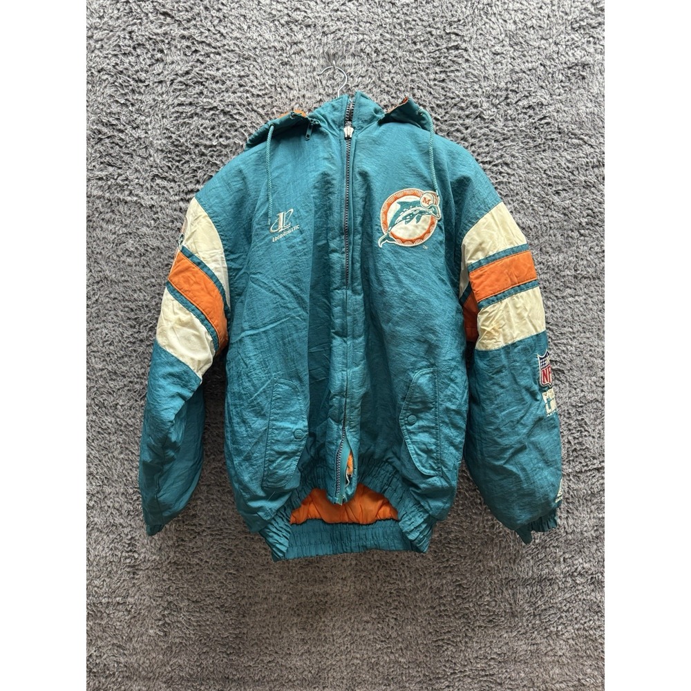 Vintage Miami Dolphins Logo Athletic Jacket Aqua Hooded NFL Pro Line Puffer M